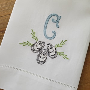 Embroidered Monogrammed Oyster Shell Linen, Huck Guest Towel ~ Oyster Roast Party Décor ~ Personalized Hemstitched Hand Towel ~ Custom Gift