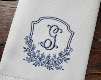 Carolina Crest with Monogram ~ Perfect Wedding or Shower Gift ~ Kitchen, Bar Cart or Guest Towel ~ Hemstitched Huck Towel