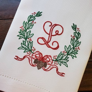 Monogrammed Holiday Wreath ~ Christmas Décor ~ Kitchen, Bar Cart or Guest Towel ~ Hemstitched Huck Towel
