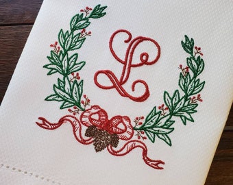 Monogrammed Holiday Wreath ~ Christmas Décor ~ Kitchen, Bar Cart or Guest Towel ~ Hemstitched Huck Towel