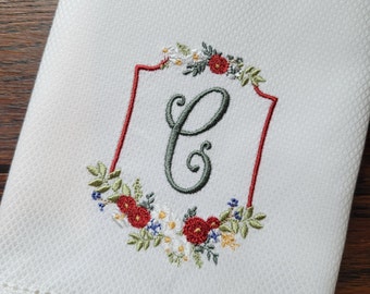 Greenville Crest with Monogram ~ Perfect Wedding or Shower Gift ~ Kitchen, Bar Cart or Guest Towel ~ Hemstitched Huck Towel, Floral Crest