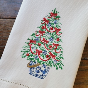 Embroidered Christmas Tree & Chinoiserie Bucket ~ Christmas Décor ~ Kitchen, Bar Cart or Guest Towel ~ Hemstitched Huck Towel