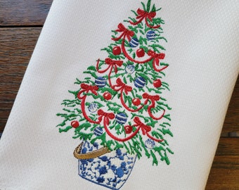 Embroidered Christmas Tree & Chinoiserie Bucket ~ Christmas Décor ~ Kitchen, Bar Cart or Guest Towel ~ Hemstitched Huck Towel