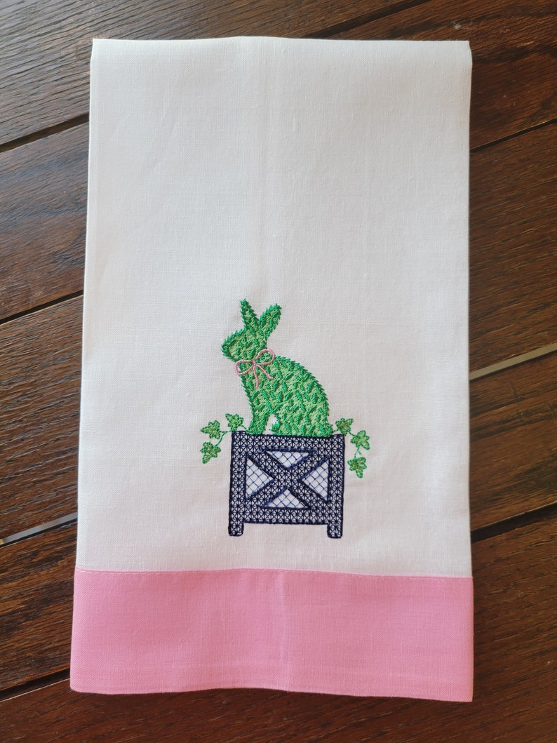 Custom Embroidered Chic Boxwood Bunny Classic Easter / Spring Décor Hemstitched Hand Towel image 3