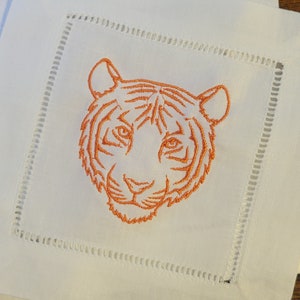 Custom Embroidered Linen Cocktail Napkins ~ Chic Tiger Head