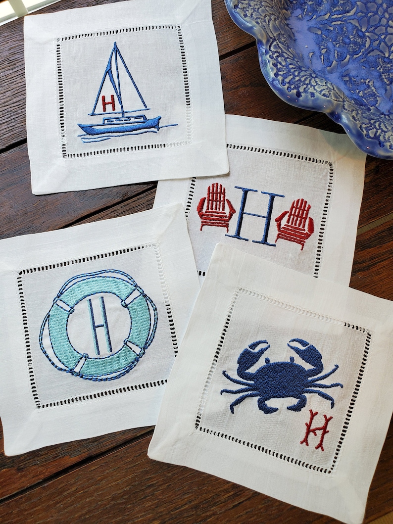Custom Embroidered Linen Cocktail Napkins Nautical Lake Etsy