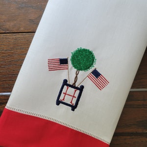 Custom Embroidered Chic Flag & Boxwood Topiary with Single Initial ~ Classic Patriotic/4th of July Décor ~ Hemstitched Hand Towel