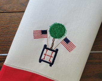 Custom Embroidered Chic Flag & Boxwood Topiary with Single Initial ~ Classic Patriotic/4th of July Décor ~ Hemstitched Hand Towel