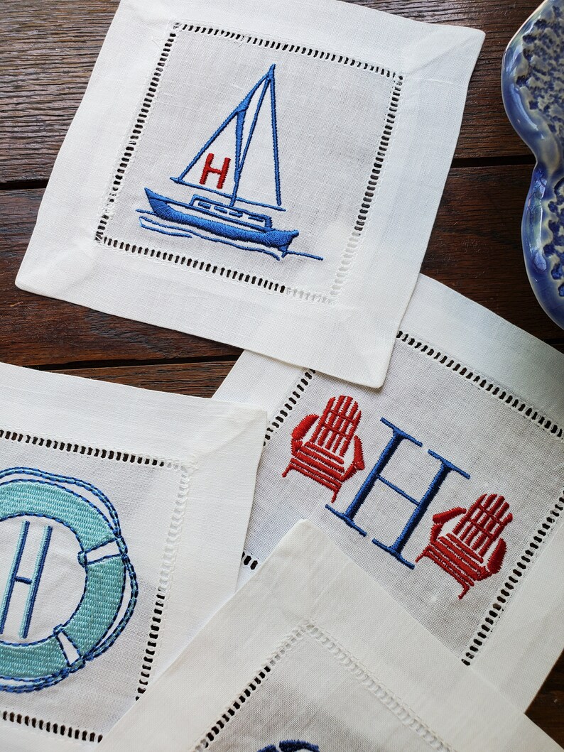 Custom Embroidered Linen Cocktail Napkins Nautical Lake Etsy