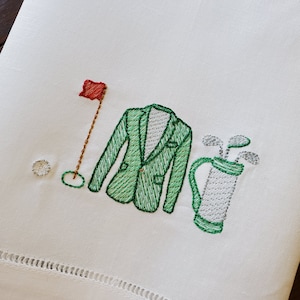 Embroidered Masters Themed Linen Guest Towel ~ Golf Party Decor ~ Green Jacket Towel ~ Hemstitched Hand Towel