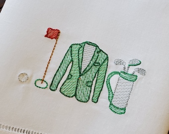 Embroidered Masters Themed Linen Guest Towel ~ Golf Party Decor ~ Green Jacket Towel ~ Hemstitched Hand Towel