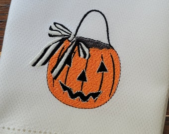 Embroidered Candy Jack-o'-lantern ~ Halloween Décor ~ Kitchen, Bar Cart or Guest Towel ~ Hemstitched Hand Towel