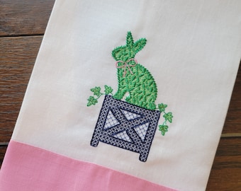 Custom Embroidered Chic Boxwood Bunny ~ Classic Easter / Spring Décor ~ Hemstitched Hand Towel