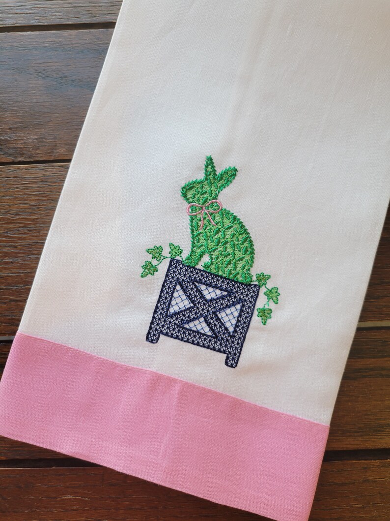 Custom Embroidered Chic Boxwood Bunny Classic Easter / Spring Décor Hemstitched Hand Towel image 1