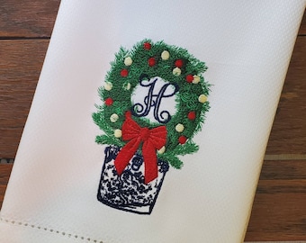 Monogrammed Chinoiserie Holiday Wreath ~ Christmas Décor ~ Kitchen, Bar Cart or Guest Towel ~ Hemstitched Huck Towel