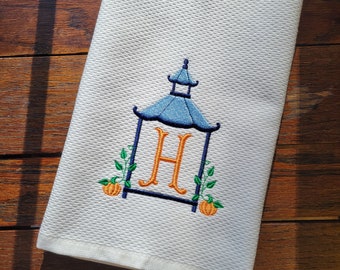 Embroidered Chic Pumpkin Pagoda ~ Thanksgiving & Fall Décor ~ Kitchen, Bar Cart or Guest Towel ~ Terry and Hemstitched Hand Towels