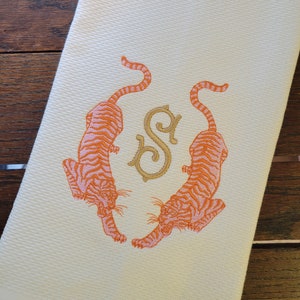 Embroidered Chic Chinoiserie Tigers ~ Kitchen, Bar Cart or Guest Towel ~ Terry and Hemstitched Hand Towels