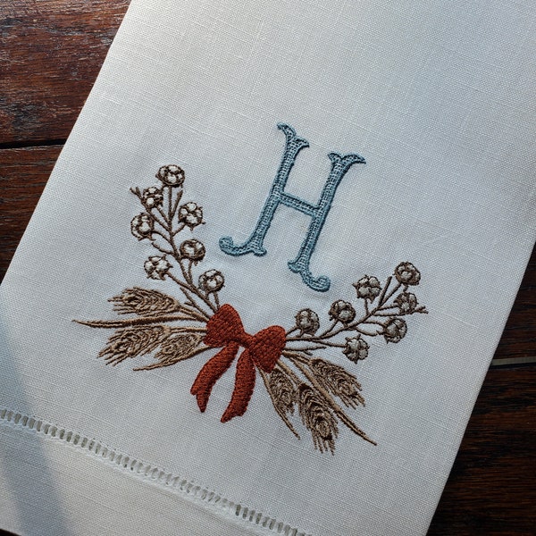 Custom Embroidered Chic Cotton Boll & Wheat Swag with Single Initial ~ Classic Thanksgiving / Autumn Décor ~ Hemstitched Hand Towel
