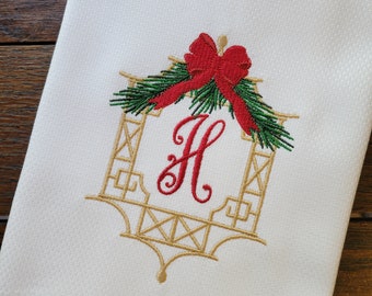 Monogrammed Chinoiserie Pagoda Frame ~ Christmas Décor ~ Kitchen, Bar Cart or Guest Towel ~ Hemstitched Huck Towel