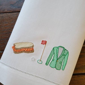 Embroidered Masters Themed Linen Guest Towel ~ Pimento Cheese Please ~ Golf Party Décor ~ Green Jacket Towel ~ Hemstitched Hand Towel
