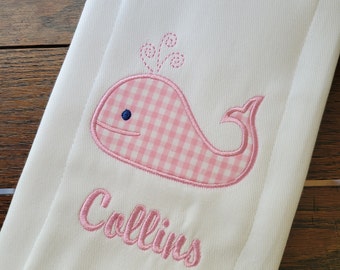 Custom Embroidered Burp Cloth ~ Appliquéd Gingham Whale ~ Boy or Girl ~ Personalized Baby Gift!
