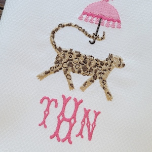 Embroidered Monogrammed Chinoiserie Cheetah with Parasol ~ Kitchen or Guest Towel ~ Preppy & Chic Decor ~ Pink on Pink!!