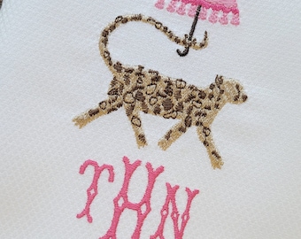 Embroidered Monogrammed Chinoiserie Cheetah with Parasol ~ Kitchen or Guest Towel ~ Preppy & Chic Decor ~ Pink on Pink!!