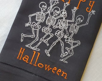 Embroidered Dancing Skeletons ~ Happy Halloween! ~ Halloween Décor ~ Kitchen, Bar Cart or Guest Towel ~ Black Linen Hand Towel