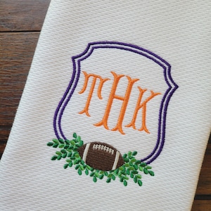 Embroidered Custom Football Crest with Monogram ~ Kitchen, Bar Cart or Guest Towel ~ Terry and Hemstitched Hand Towels