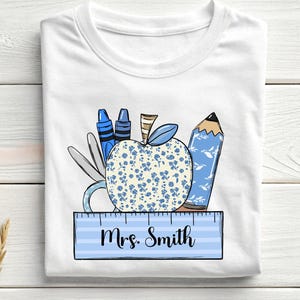 Personalized Teacher Shirt, Custom Teacher Apple Sweatshirt, Blue Floral Teacher T-Shirt, Custom Teacher Name Shirt, Back to School T-Shirt