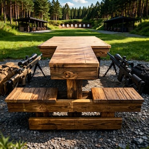 May include: A wooden picnic table with attached benches is the focal point of this outdoor scene. Two rifles with scopes are positioned on either side of the table. The background includes a shooting range, trees, and a blue sky.
