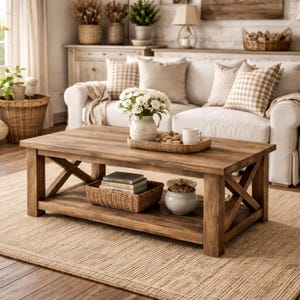 DIY farmhouse coffee table plan with rustic wooden design and easy beginner woodworking build