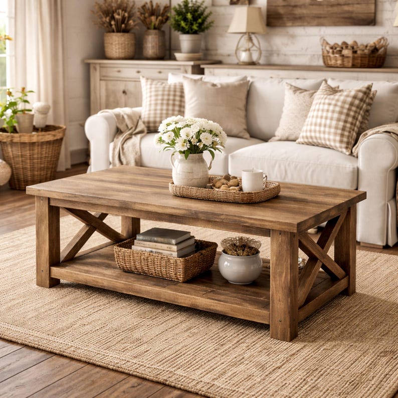 DIY farmhouse coffee table plan with rustic wooden design and easy beginner woodworking build