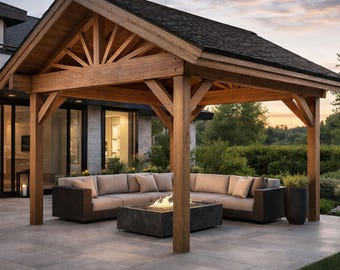 Plano para construir un cenador con techo a dos aguas, diseño de pabellón de madera de 8x8, estructura de cochera exterior (PDF imprimible)