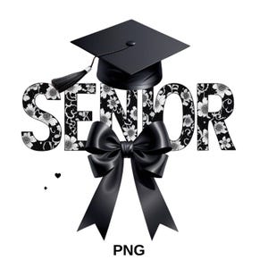 Diseño de carta de graduación con estampado floral "Senior" (PNG) - Sombrero negro y cinta (PNG) - Diseño de graduación en blanco y negro - Carta de graduación