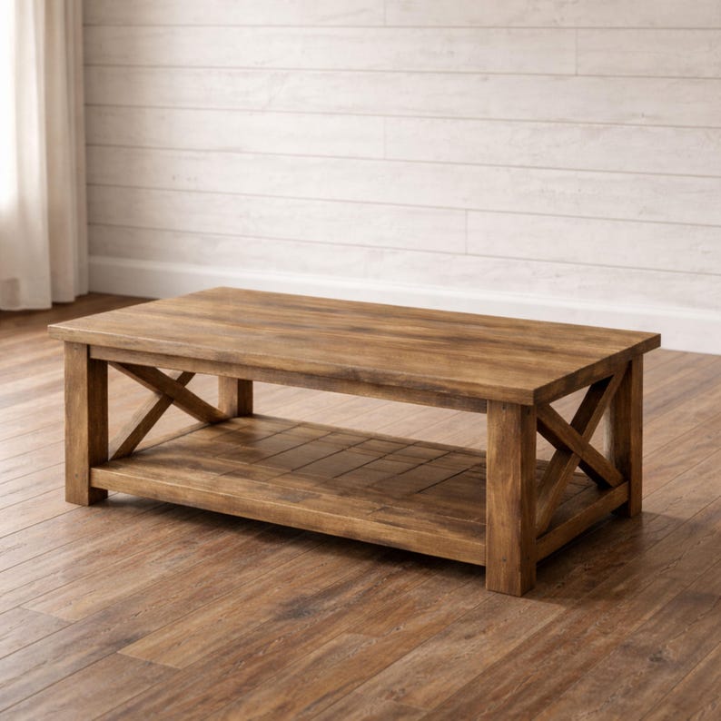 DIY farmhouse coffee table plan with rustic wooden design and easy beginner woodworking build