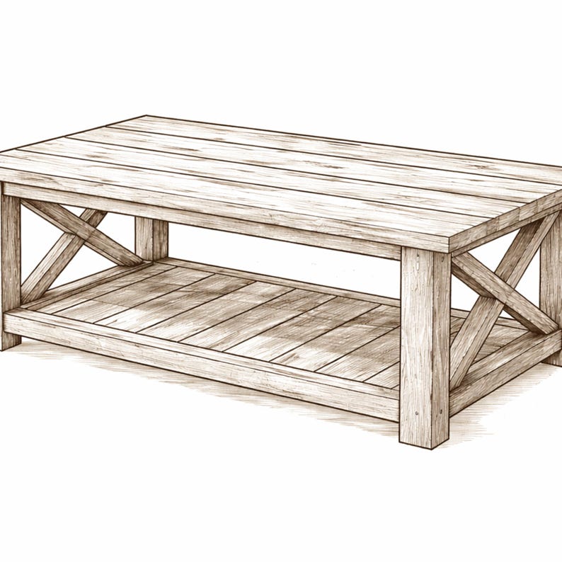 DIY farmhouse coffee table plan with rustic wooden design and easy beginner woodworking build
