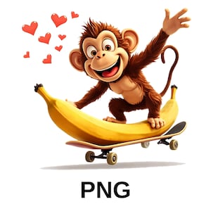 Cartoon Monkey on Banana Skateboard: Fun Kids PNG (Digital Download)