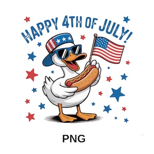 Funny Duck 4th of July Shirt Png – Patriotic Duck Holding Hot Dog and Flag Png – Cute Cartoon USA Animal Tee – Independence Day Gift