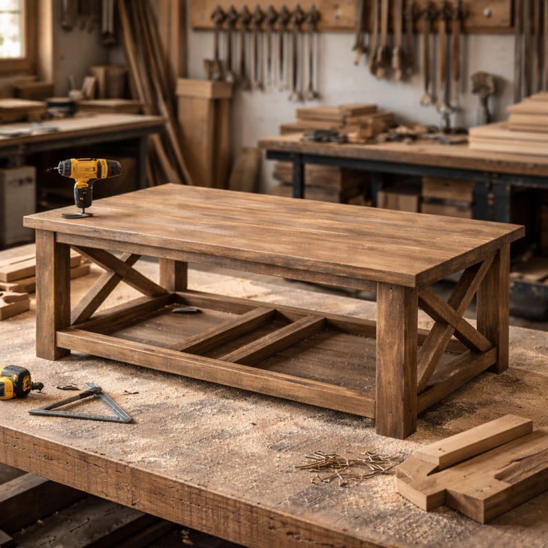 DIY farmhouse coffee table plan with rustic wooden design and easy beginner woodworking build