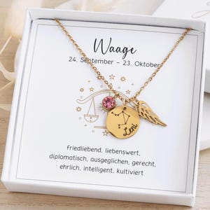 Naszyjnik z imieniem ze znakiem zodiaku, naszyjnik z konstelacją z grawerunkiem i skrzydłami anioła, naszyjnik ze znakiem zodiaku, naszyjnik z okazji chrztu, prezent na narodziny, chrzest, urodziny
