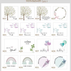 May include: A set of 12 printable designs for cards or invitations. The designs feature a variety of themes, including trees, fish, rainbows, balloons, and clover. The text on the designs includes phrases like "Alles Liebe zur Taufe" and "Endlich Schulkind".