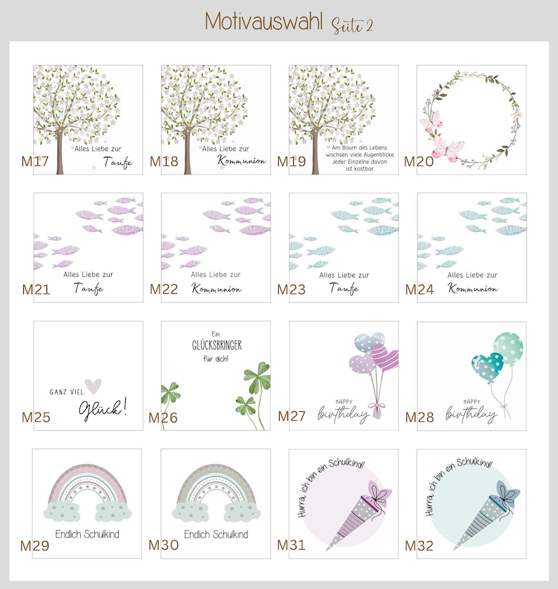 May include: A set of 12 printable designs for cards or invitations. The designs feature a variety of themes, including trees, fish, rainbows, balloons, and clover. The text on the designs includes phrases like "Alles Liebe zur Taufe" and "Endlich Schulkind".
