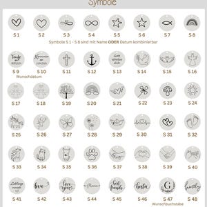 May include: A chart of 48 different symbols for personalization. The symbols include hearts, stars, anchors, animals, and more. The symbols are labeled with numbers S1 through S48.