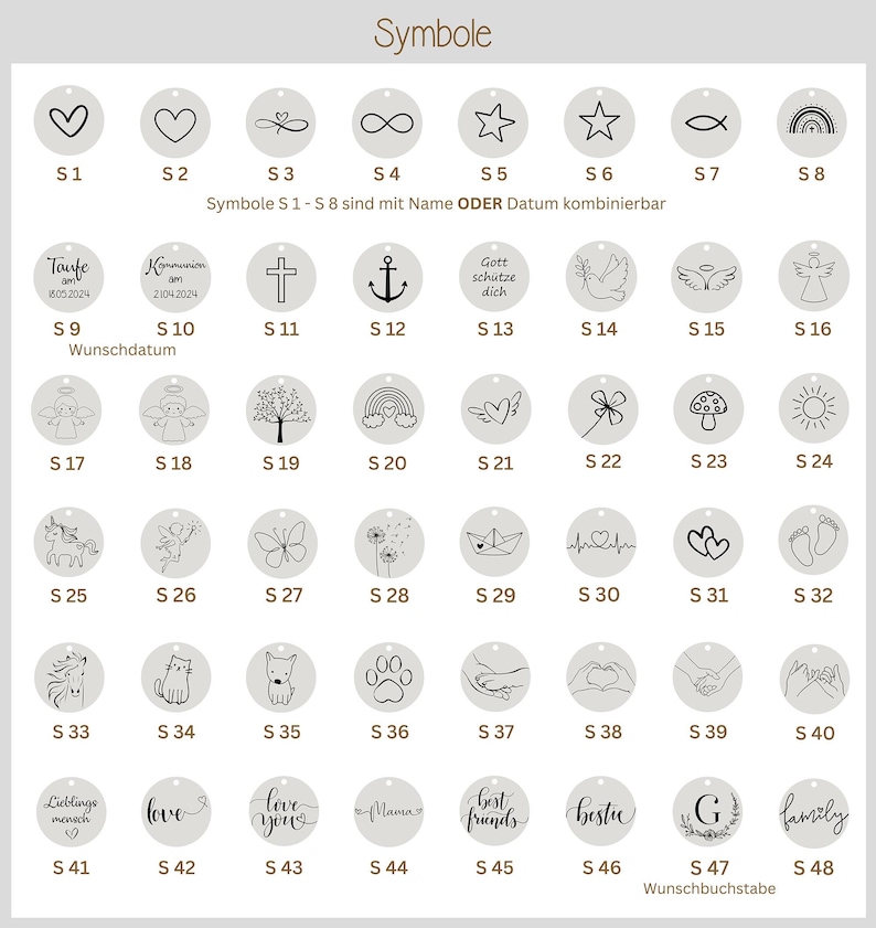 May include: A chart of 48 different symbols for personalization. The symbols include hearts, stars, anchors, animals, and more. The symbols are labeled with numbers S1 through S48.