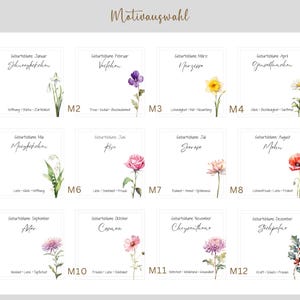 May include: A chart with 12 squares, each featuring a different flower and the name of a month. The flowers are watercolor illustrations and the text is in German. The months are January, February, March, April, May, June, July, August, September, October, November, and December.