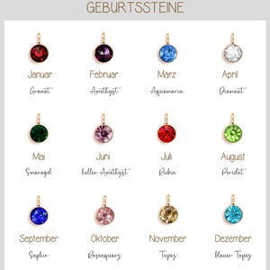 May include: A chart showing the birthstones for each month of the year. The chart features a small pendant with a gemstone for each month. The gemstones are: Garnet, Amethyst, Aquamarine, Diamond, Emerald, Light Amethyst, Ruby, Peridot, Sapphire, Rose Quartz, Topaz, and Blue Topaz.