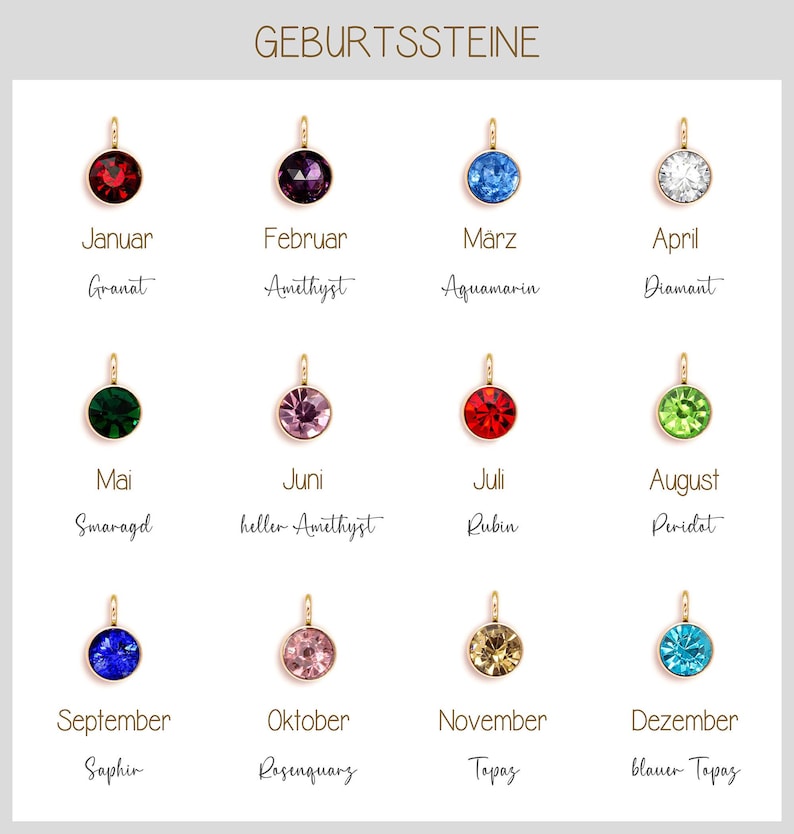 May include: A chart showing the birthstones for each month of the year. The chart features a small pendant with a gemstone for each month. The gemstones are: Garnet, Amethyst, Aquamarine, Diamond, Emerald, Light Amethyst, Ruby, Peridot, Sapphire, Rose Quartz, Topaz, and Blue Topaz.