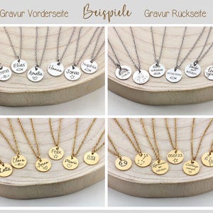 May include: Two rows of silver and gold necklaces with round pendants. The pendants are engraved with names, dates, and symbols like hearts, stars, and fish. The text on the pendants reads: Valentina, Emma, Elias, Amelie, Hanna, Jonas, Sophia, Sch&uuml;tze dich, Toufe, Love you, 05.07.23,  Charlotte, Lotta, Clara, Anna, Felix, Marie, Elisa, 23.06.24,  69,  Sagittarius,  Lieblings mama,  and a paper boat.