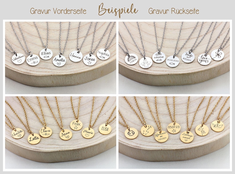 May include: Two rows of silver and gold necklaces with round pendants. The pendants are engraved with names, dates, and symbols like hearts, stars, and fish. The text on the pendants reads: Valentina, Emma, Elias, Amelie, Hanna, Jonas, Sophia, Sch&uuml;tze dich, Toufe, Love you, 05.07.23,  Charlotte, Lotta, Clara, Anna, Felix, Marie, Elisa, 23.06.24,  69,  Sagittarius,  Lieblings mama,  and a paper boat.